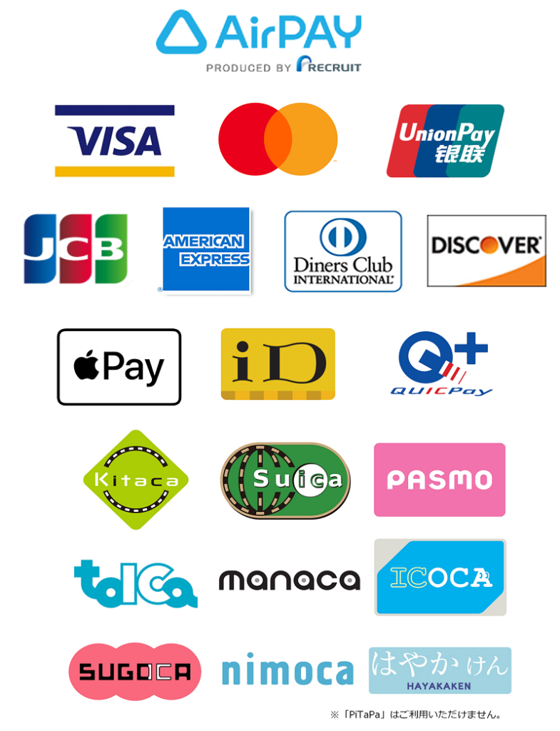 VISA mastercard unionay jcb americanexpress dinersclub discover applepay iD quicpay 各種交通系電子マネー